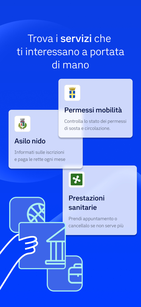 Interfaccia mobile dell'app IO che visualizza schede per i servizi di mobilità, asilo nido e sanità