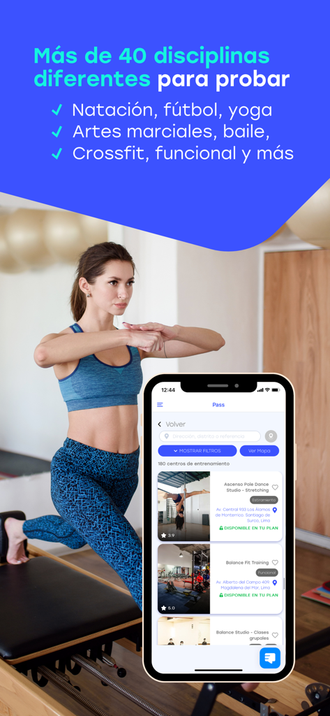 Monkeyfit - A woman practicing pilates on a reformer next to a smartphone showing the Monkeyfit app pass with various gym and studio options.