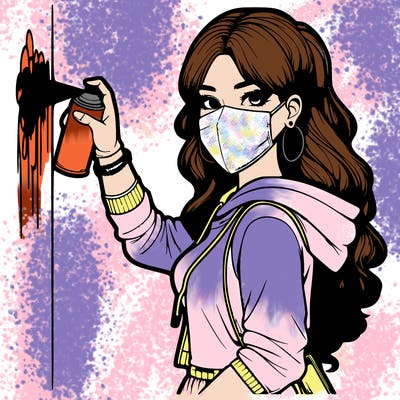 realistic girl with mask spray painting a wall