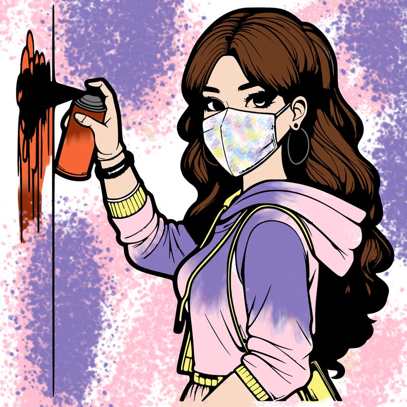 realistic girl with mask spray painting a wall