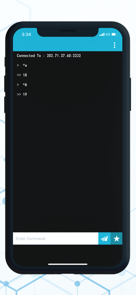 Telnet Client Terminal - Mobile telnet client terminal interface showing a connected session and command history