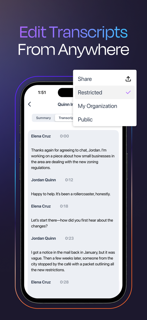 Rev: Record & Transcribe - Visualização móvel do editor de transcrição do aplicativo Rev com configurações de compartilhamento