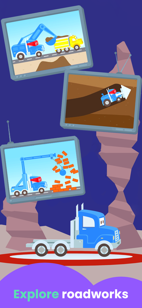 Truck Games: for Kids - Cartoon construction vehicles performing different roadwork tasks like digging and demolition on screen frames