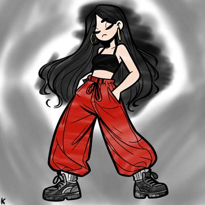 girl in baggy pants crop top and long hair