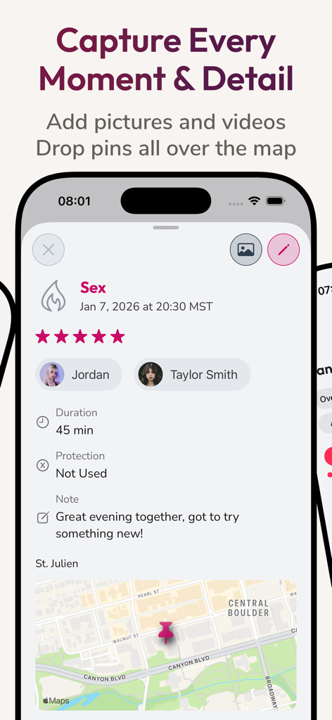 Nice Sex Tracker - A screenshot of the Nice Sex Tracker app showing an activity entry with star ratings, partners, duration, notes, and a map location pin.