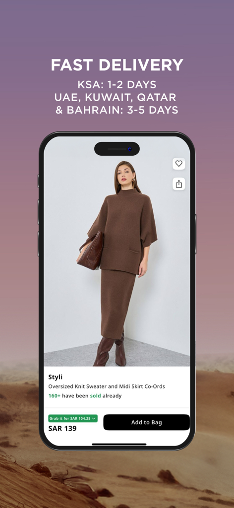 Écran mobile montrant l'application de mode Styli avec un ensemble pull en tricot et les délais de livraison régionaux