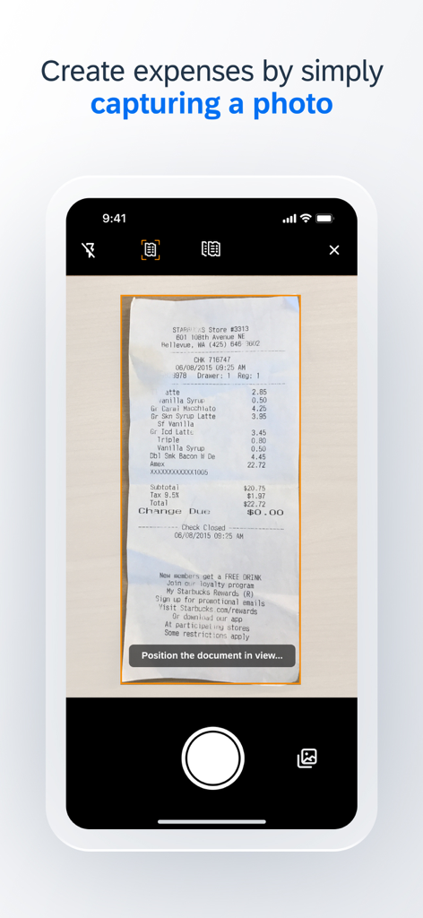 The SAP Concur mobile app interface showing a smartphone camera capturing a paper receipt to create an expense.