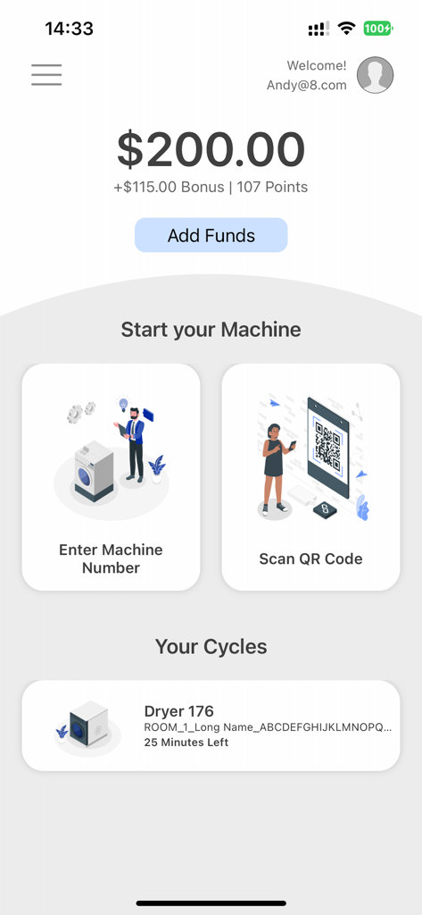 CleanPay Mobile - Painel do aplicativo CleanPay Mobile mostrando o saldo da conta e opções para iniciar uma máquina escaneando um código QR ou inserindo um número de máquina