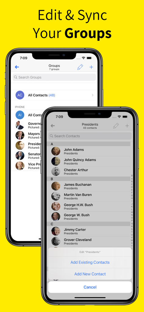 Interface of Contacts Sync Pro app showing how to edit and sync contact groups on an iPhone