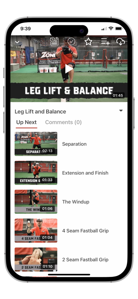 Video player interface in the Dominate the Diamond app featuring baseball pitching drills like leg lift and balance
