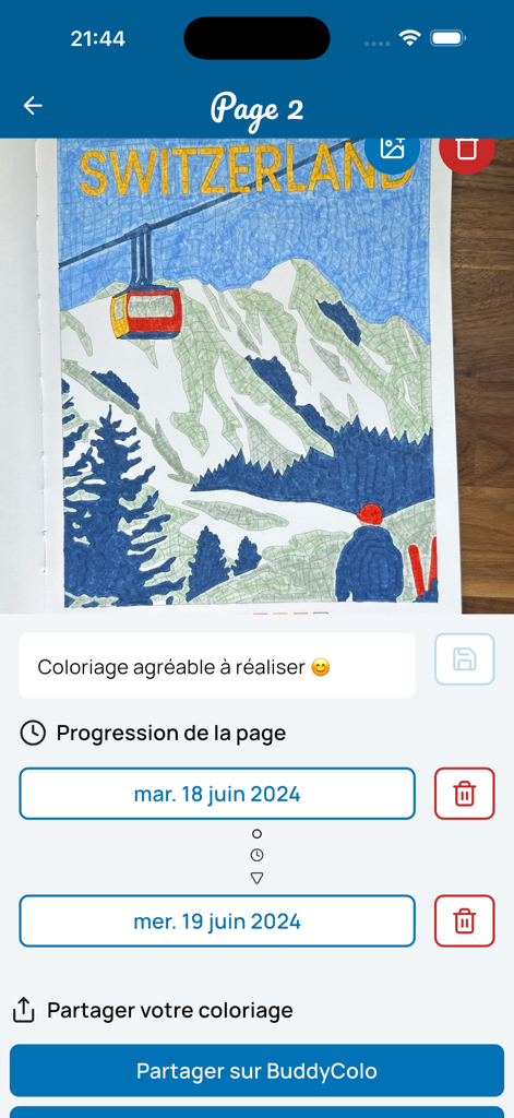 A mobile app interface tracking progress for a hand-colored illustration of Switzerland.