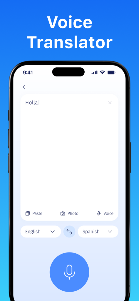AI Translator: Camera & Voice - Interfaz de la aplicación Traductor IA que muestra la función de traductor de voz para la traducción de inglés a español.