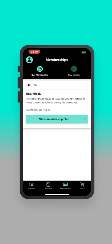 Smartphone screen showing the Alter Ego Gym membership plans including an unlimited weekday class option.