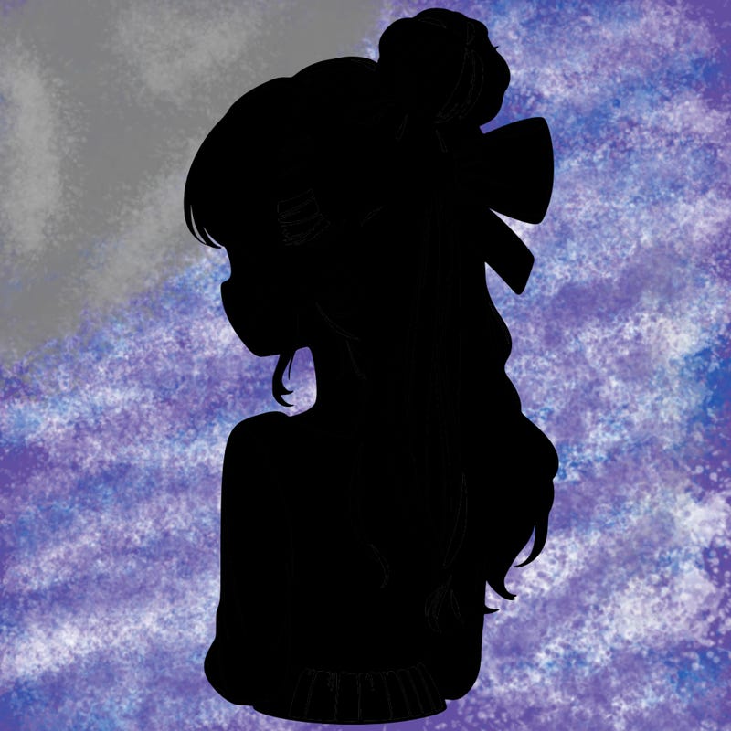 realistic girl  with hip length hair a bun and a big bow on the back of head