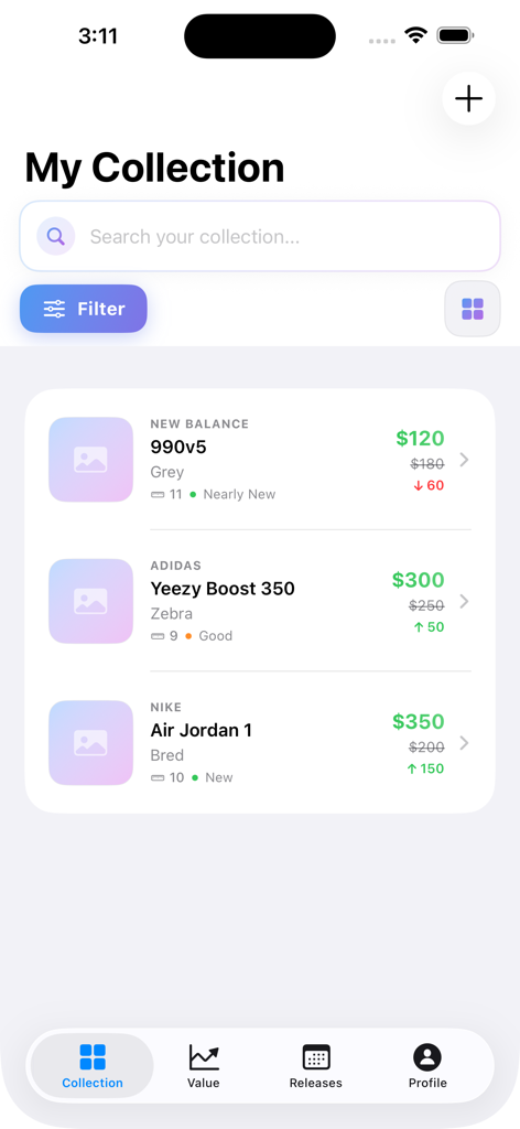 Shoebox - Sneaker Collection - Shoebox app screen showing a sneaker collection with price tracking and shoe details