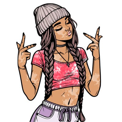 realistic teenage girl with braids and a beanie and crop top doing 🫶🏼