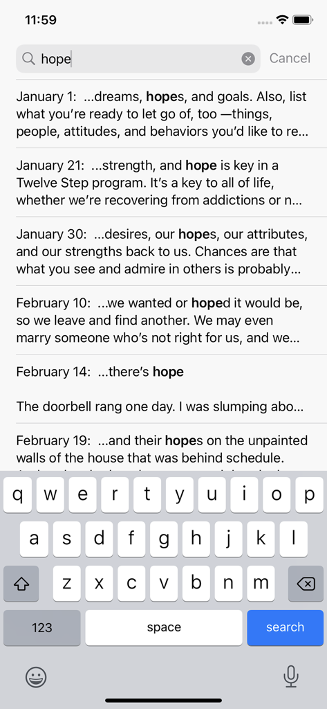 A search screen in the More Language of Letting Go app showing daily reflections containing the word hope