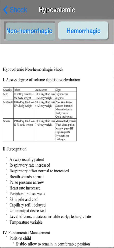 PALS Fast - PALS Fastアプリの画面。小児の循環血液量減少性ショックの評価と認識基準について詳述しています。
