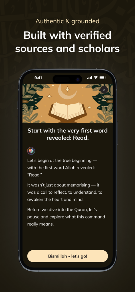 Niyyah | MuslimGPT Companion - Niyyah app interface showing authentic Quranic guidance built with verified scholars