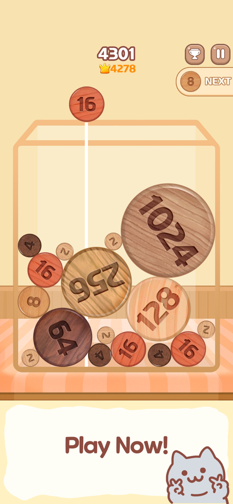 Gameplay of Melon Maker showing numbered wooden discs merging in a puzzle container
