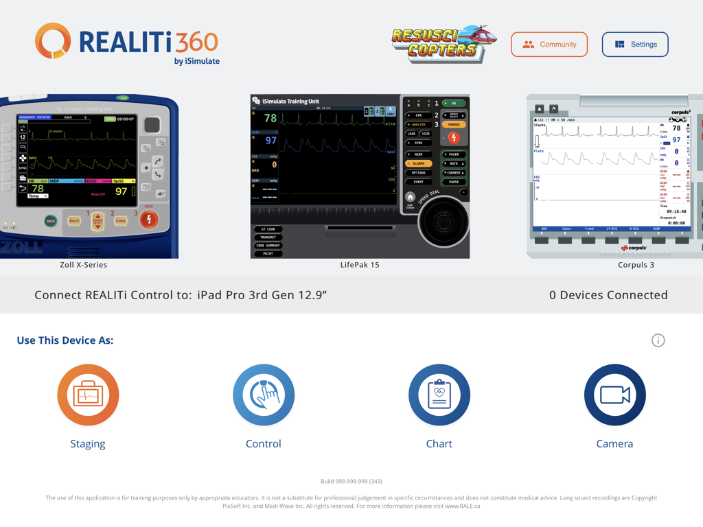 REALITi 360 app dashboard showing simulated medical monitors and training mode selections
