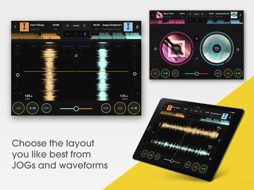WeDJ for iPad - WeDJ for iPad interface showcasing flexible layouts with jog wheels and vertical waveforms
