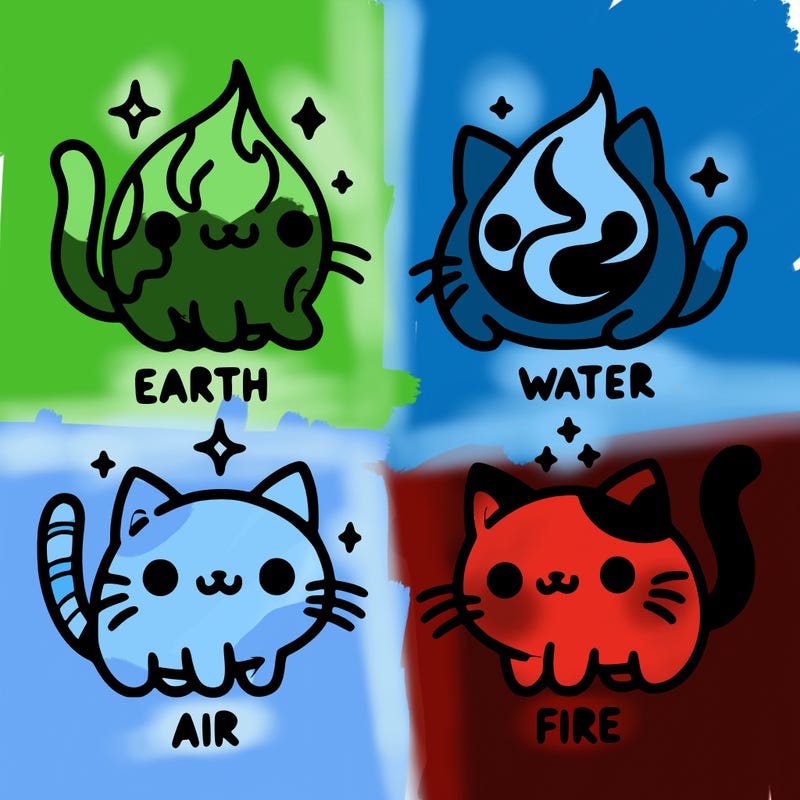 4 cats that represent the different elements, earth, water, air, and fire