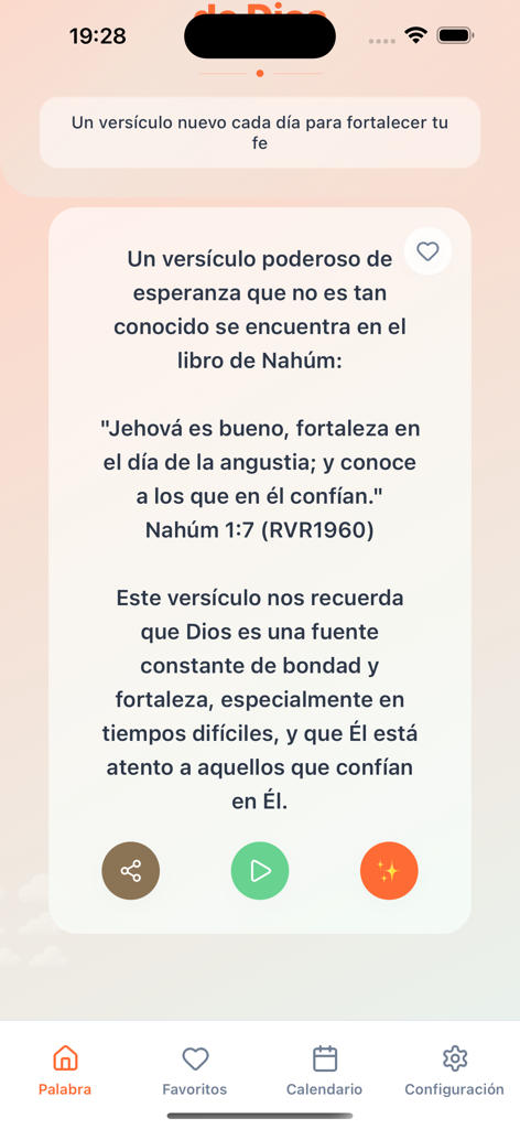 Versículos Diarios Cristianos - Interface of the Versiculos Diarios Cristianos app showing a daily Bible verse in Spanish with a minimalist design.