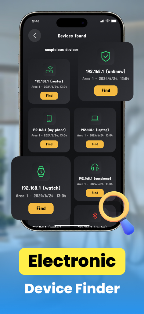 Un'interfaccia di app mobile che visualizza un elenco di dispositivi elettronici trovati come router, laptop e orologi con un pulsante di ricerca per ciascuno.