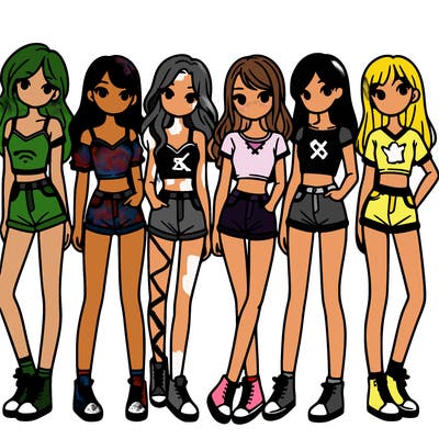 a group of girls wearing crop tops and shorts