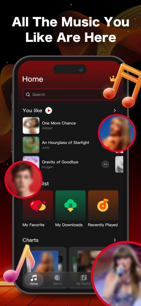Home dashboard of the Music Player Offline app showing song categories and library management