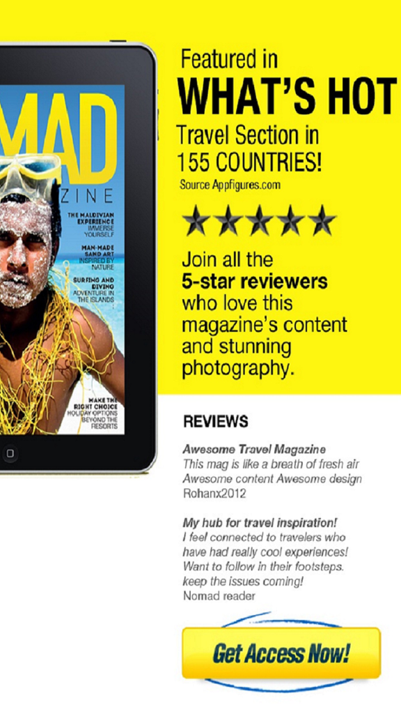 Digital Nomad travel magazine app screenshot highlighting its 5-star user reviews and global features