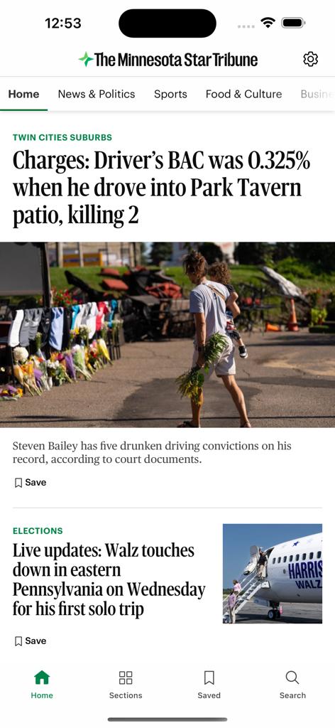 The Minnesota Star Tribune - The Minnesota Star Tribune mobile app home screen with local news headlines.