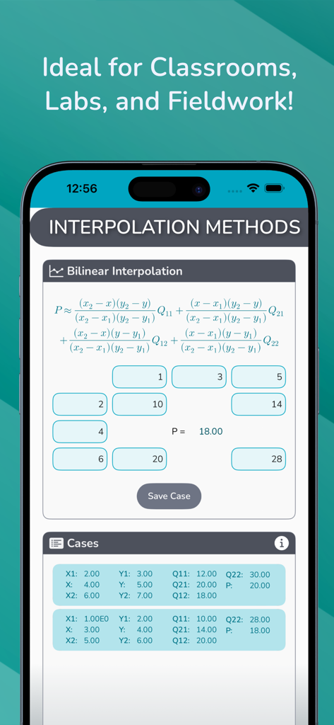 Bilineare Interpolationsoberfläche in der Interpolationsmethoden-App, die die mathematische Formel und gespeicherte Fälle für technische Berechnungen anzeigt
