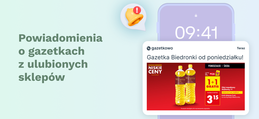Gazetkowo - gazetki sklepowe - Smartphone screen showing a push notification for a new supermarket flyer in the Gazetkowo app