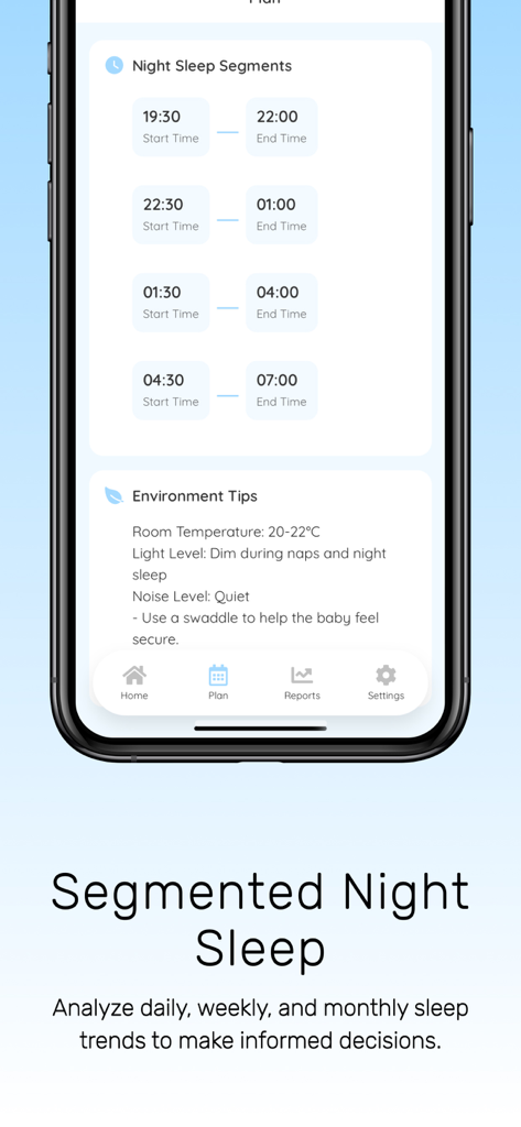 Baby Sleep Tracker: Routine - Baby Sleep Tracker app interface displaying segmented night sleep logs and nursery environment tips.