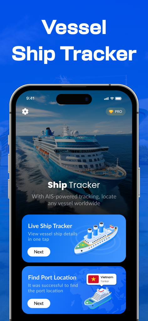 Pantalla de inicio de la aplicación Vessel Finder que muestra seguimiento de barcos en vivo y funciones de ubicación de puertos con un fondo de crucero