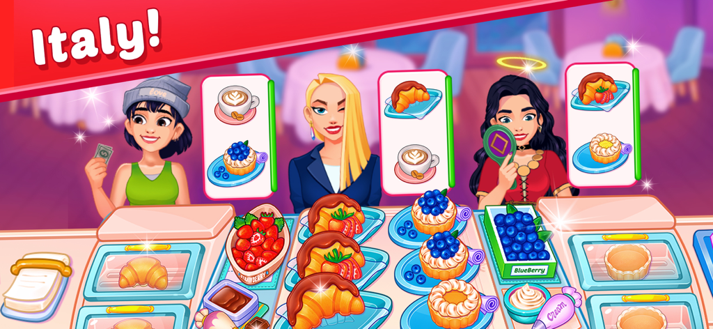 Jugabilidad de Cooking Carnival que muestra un nivel de restaurante temático italiano donde los jugadores sirven café y pasteles a los clientes que esperan