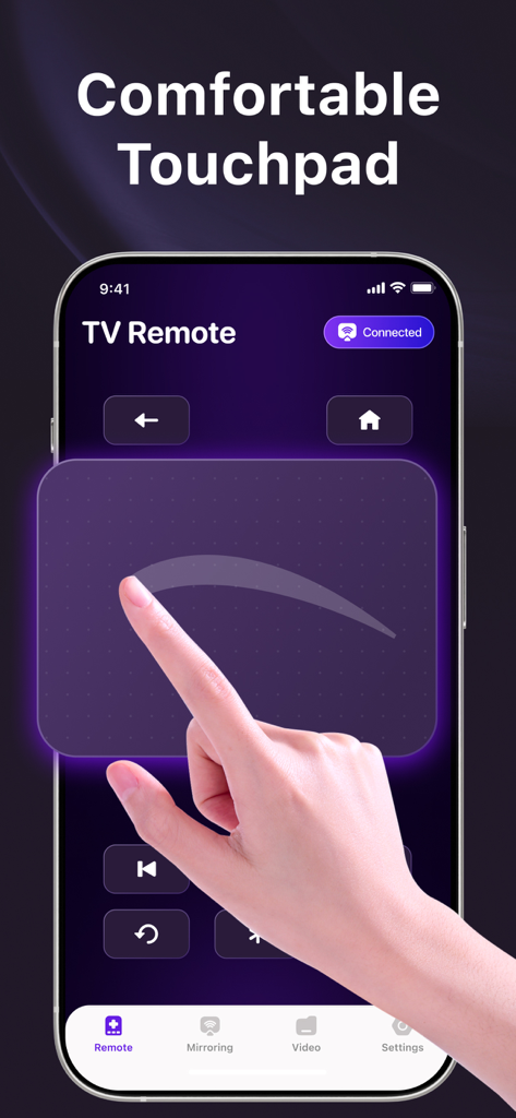 TV Remote: Roku Remote Control - Uma mão usando a confortável interface touchpad no aplicativo TV Remote para navegar em uma Smart TV.