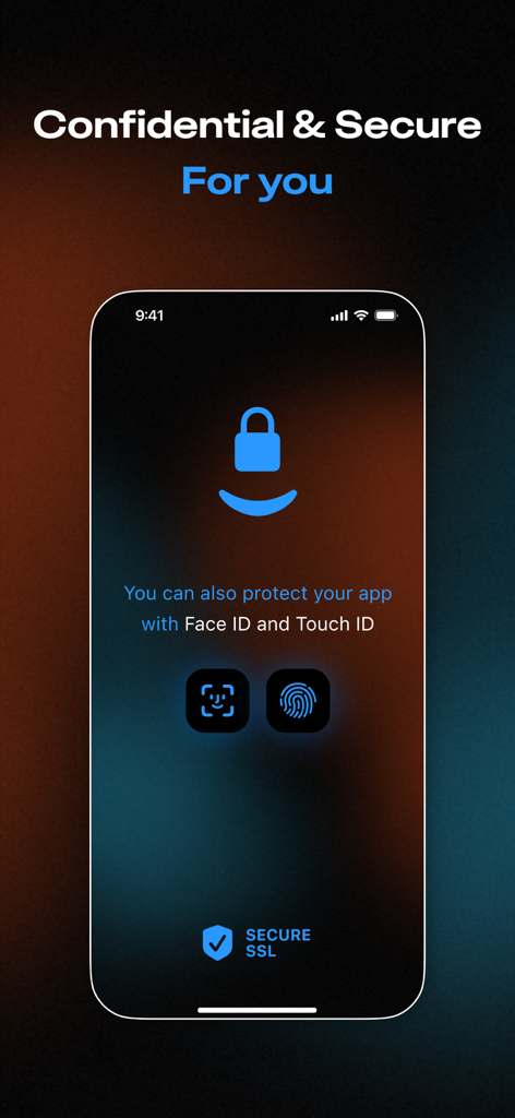 ChatMind: AI Therapist - Security settings screen for ChatMind AI Therapist app highlighting Face ID Touch ID and SSL protection for user privacy
