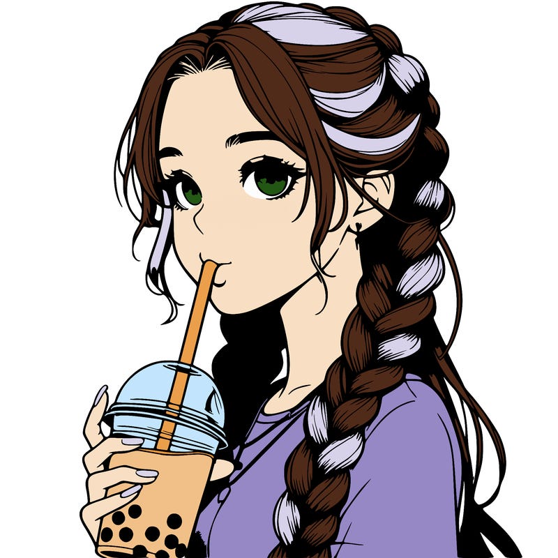 realistic girl with braided hair drinking boba