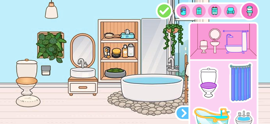 Ein Bildschirm zur Gestaltung eines Badezimmerinterieurs im Prinzessinnen-Traumhaus-Spiel mit einer Badewanne, Toilette und einem Waschbecken