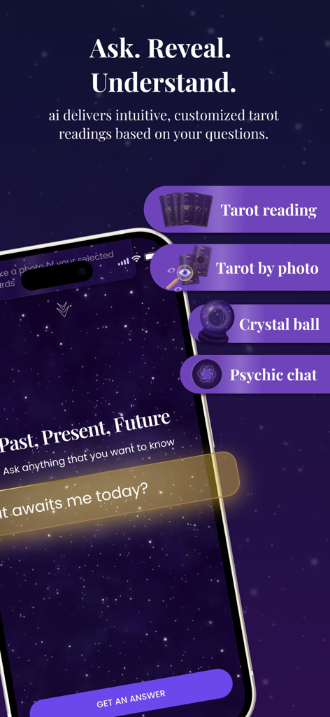 Tarot Card Reading - Tarotoo - Tarotoo app interface showing AI tarot reading and psychic chat features
