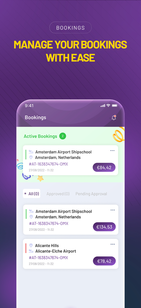 AirportTransfer.com - アムステルダムとアリカンテでのアクティブな空港送迎予約のリストと価格、予約IDを示すAirportTransferアプリの画面