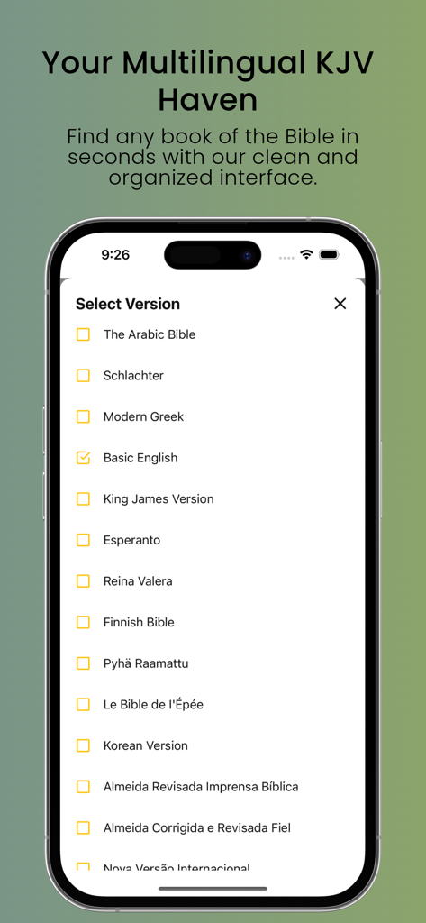 Interfaz de la aplicación BibleAI que muestra una lista de diferentes traducciones e idiomas de la Biblia disponibles para su selección