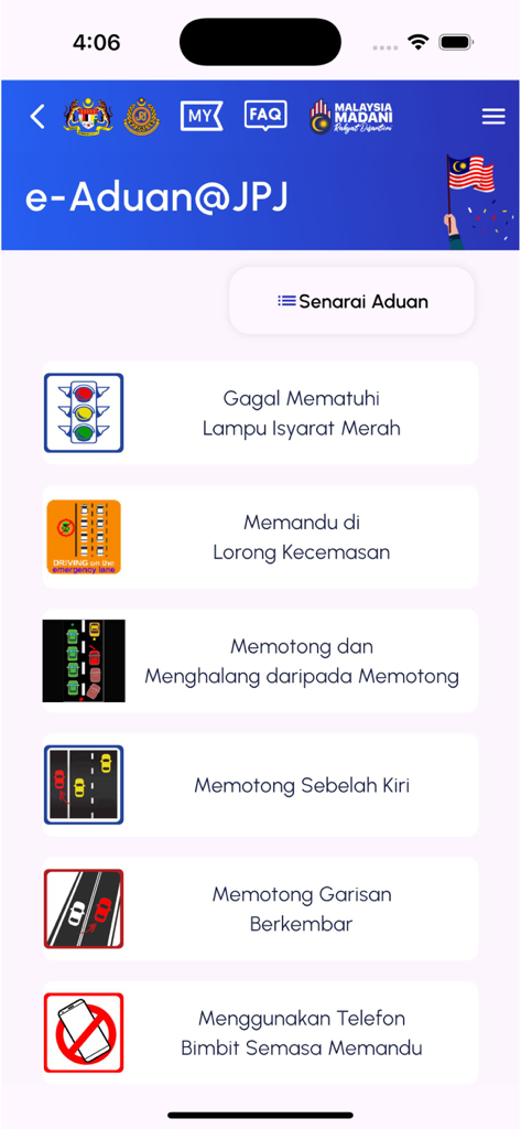 Interface of MyJPJ app showing a menu for reporting road traffic violations such as running red lights and illegal overtaking.