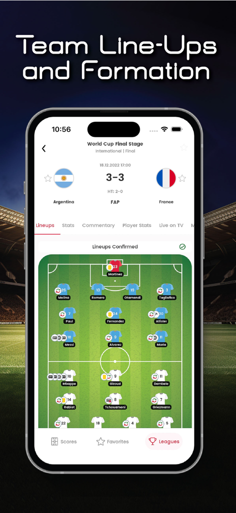 Soccer team lineups and tactical formation on Xscores mobile app