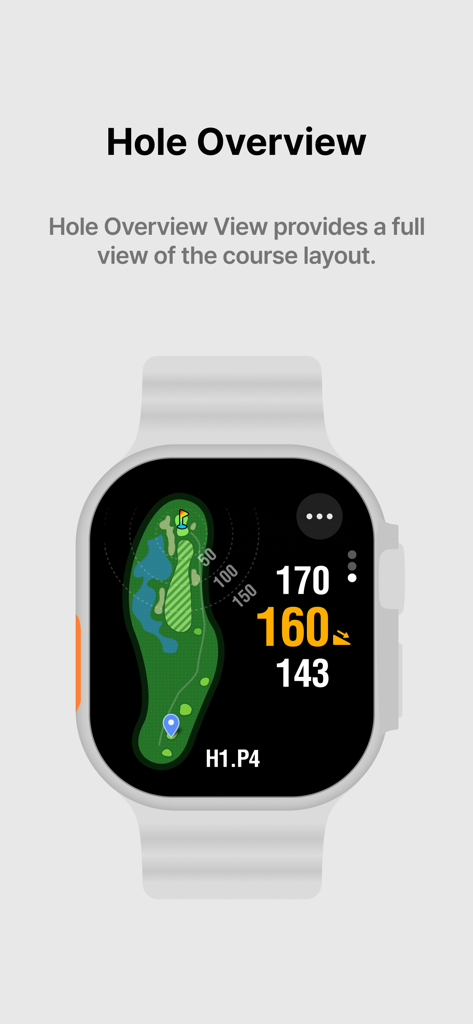 SmartCaddie - Golf GPS - SmartCaddie golf app hole overview interface on Apple Watch showing a full course layout map and distance markers