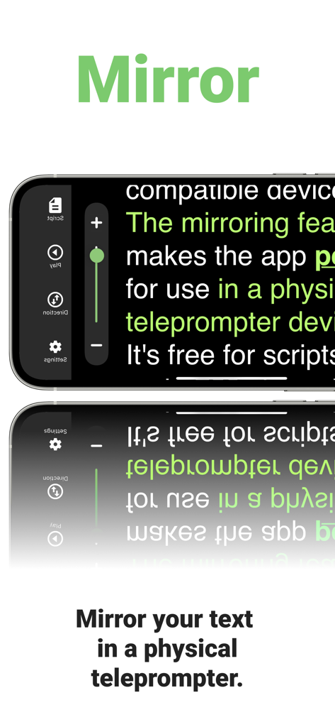 Una pantalla de smartphone mostrando texto espejado para usar en un dispositivo teleprompter físico con la aplicación Prompt+.