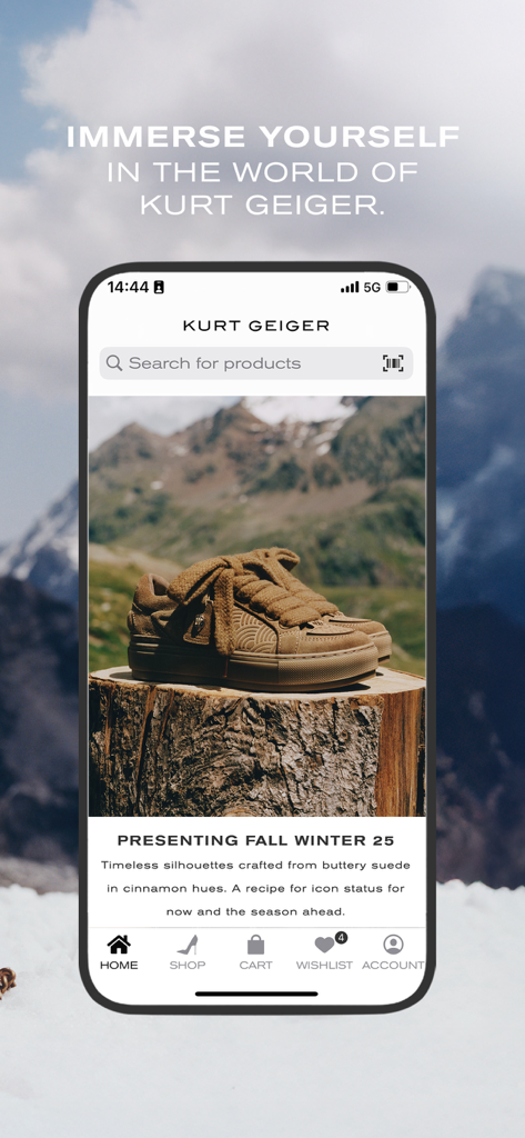 Kurt Geiger: Shop Shoes & Bags - The Kurt Geiger mobile app interface displaying a pair of tan suede sneakers from the Fall Winter 25 collection against a mountain background.